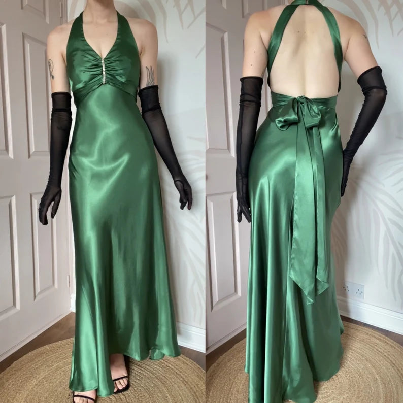 Green retro simple fashion elegant long satin prom dress, evening dress, party dress nv3696