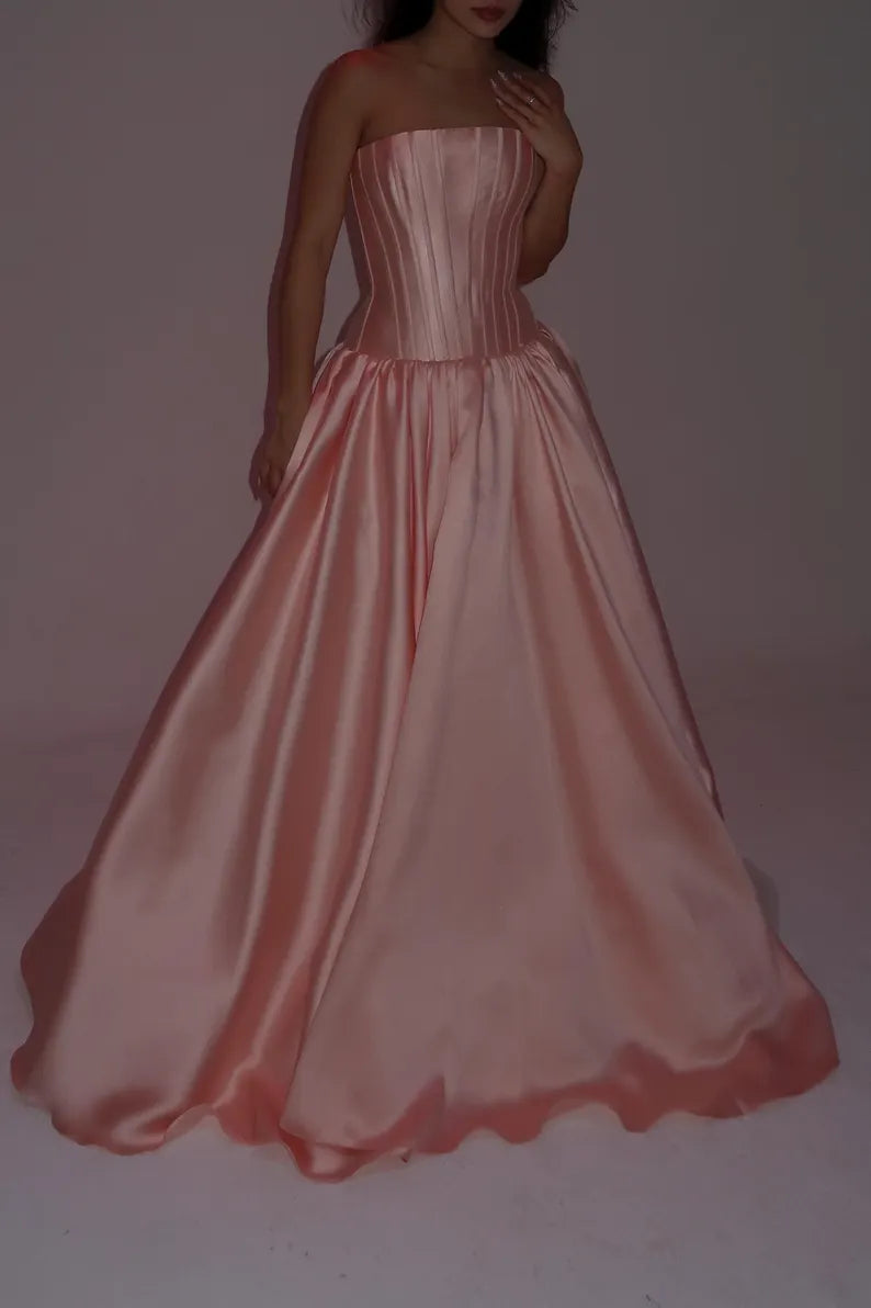 Pink simple fashion elegant long A-line satin floor-length ball gown evening dress nv3738