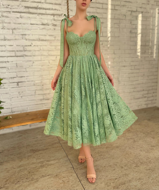 Green Lace Midi Ball Gown Sweetheart Bow Straps Boned Waist A-Line Wedding Party Dress Backless Formal nv1674