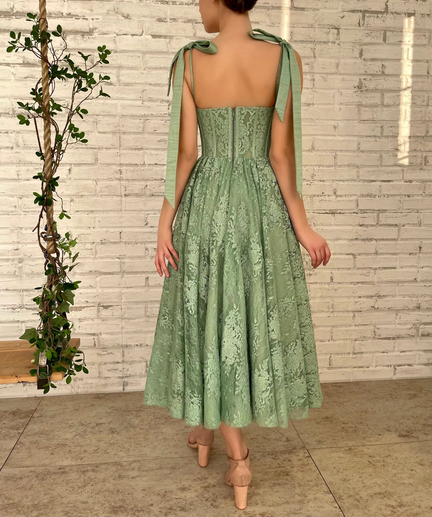 Green Lace Midi Ball Gown Sweetheart Bow Straps Boned Waist A-Line Wedding Party Dress Backless Formal nv1674