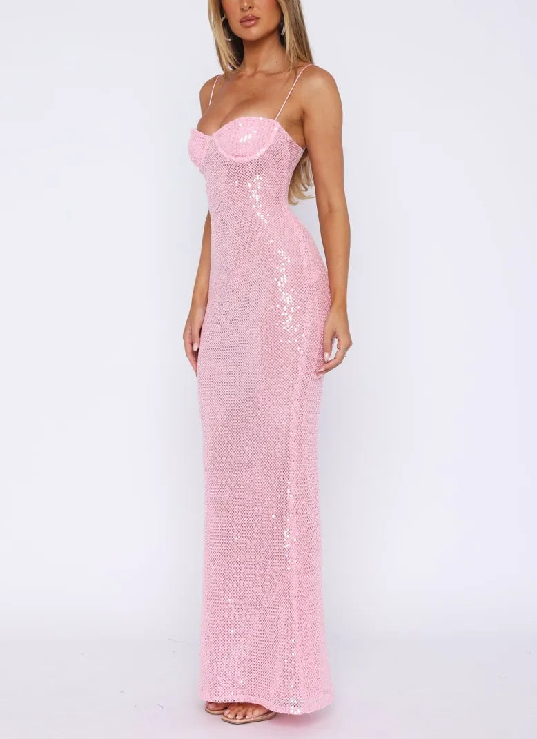 Pink Shiny Fashion Elegant Long Mermaid Slim Sequin Ball Gown Evening Dress Party Dress nv3523