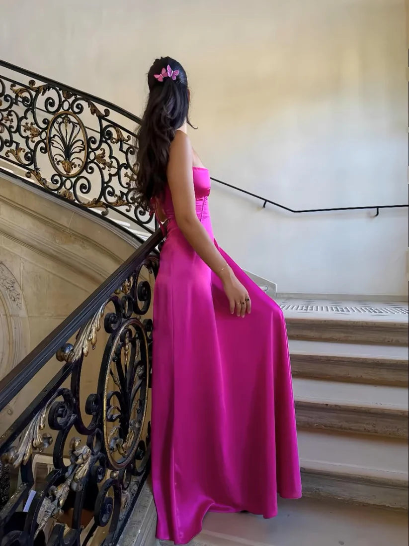 Charming Spaghetti Strap A-Line Ball Gown Evening Dress Corset Hot Pink Maxi Dress Long Ball Gown nv1711