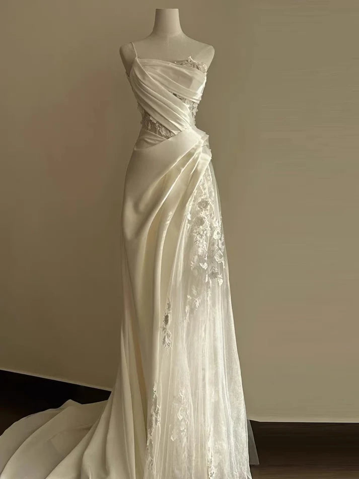 Ivory White Delicate Lace A-line Long Satin Ball Gown,Evening Dress,Wedding Dress nv3708