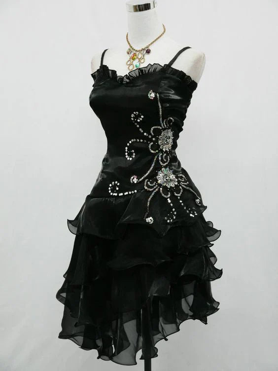 Robe de soirée courte en tulle à volants et à perles, style vintage, noire, exquise, sans bretelles, ligne A, robe de bal, robe de soirée, nv3313