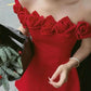 Red Off Shoulder Rose Lace Neckline A-Line Short Mini Homecoming Dress Birthday Christmas Party Dress Princess nv2741