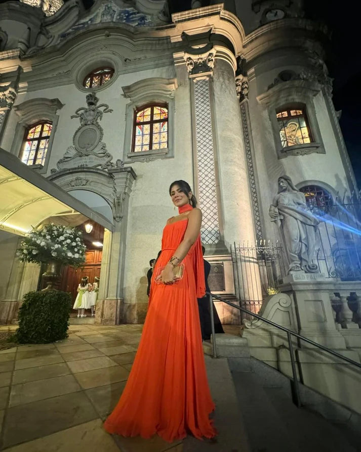 Orange Solid Strapless A-Line Long Prom Gown Formal Evening Dress Party Dress nv2495