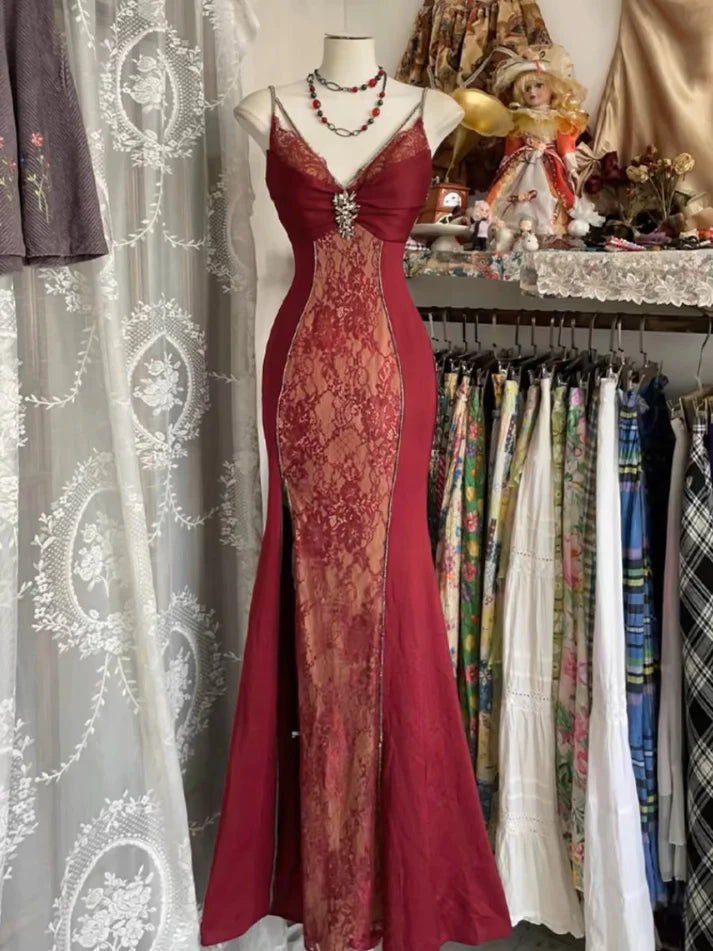 Burgundy Retro V-neck Lace Long Ball Gown Mermaid Evening Dress Party Dress nv2354