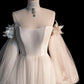 Champagne Tulle Long Sleeve Prom Dress, Off the Shoulder Evening Dress nv1602