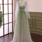 Light Green Tulle Long Sleeve Prom Dress, Green Gradient Floor Length Evening Dress nv1615