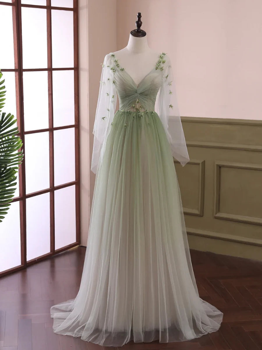 Light Green Tulle Long Sleeve Prom Dress, Green Gradient Floor Length Evening Dress nv1615