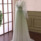 Light Green Tulle Long Sleeve Prom Dress, Green Gradient Floor Length Evening Dress nv1615