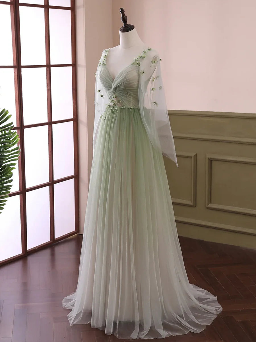 Light Green Tulle Long Sleeve Prom Dress, Green Gradient Floor Length Evening Dress nv1615