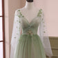 Light Green Tulle Long Sleeve Prom Dress, Green Gradient Floor Length Evening Dress nv1615