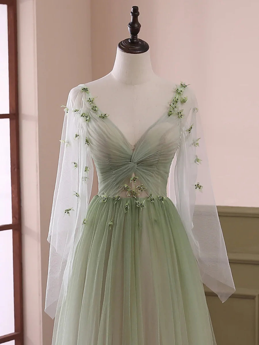 Light Green Tulle Long Sleeve Prom Dress, Green Gradient Floor Length Evening Dress nv1615