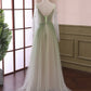 Light Green Tulle Long Sleeve Prom Dress, Green Gradient Floor Length Evening Dress nv1615