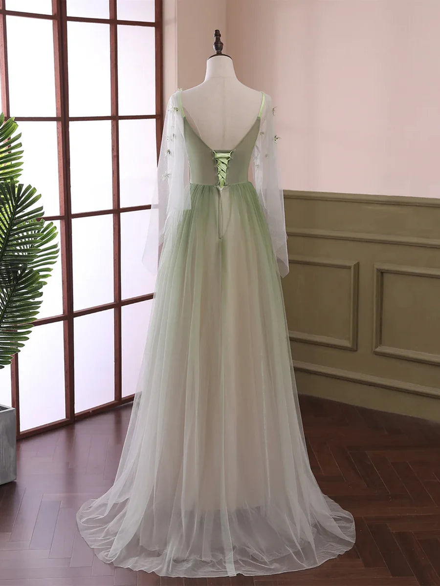 Light Green Tulle Long Sleeve Prom Dress, Green Gradient Floor Length Evening Dress nv1615