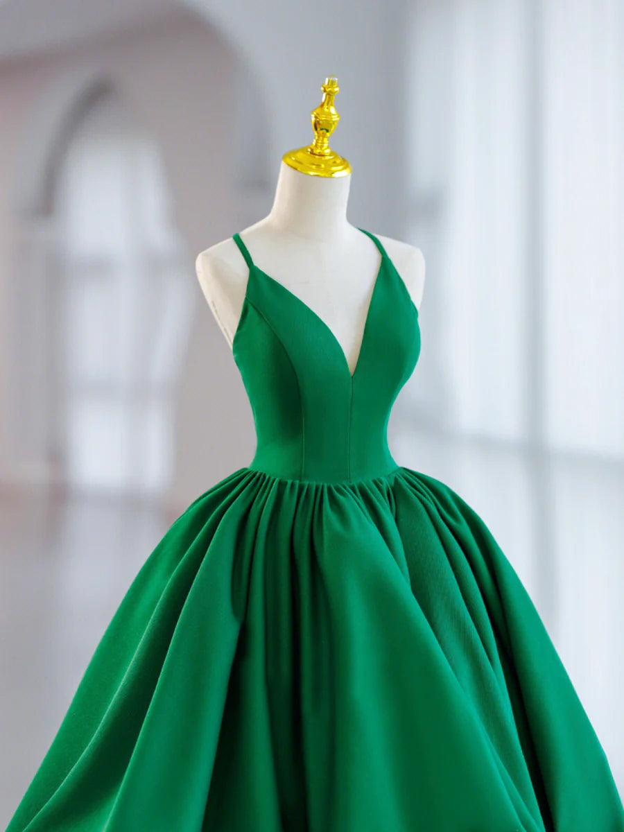 Green V-Neck Satin Short Prom Dress, A-Line Green Evening Dress nv1585