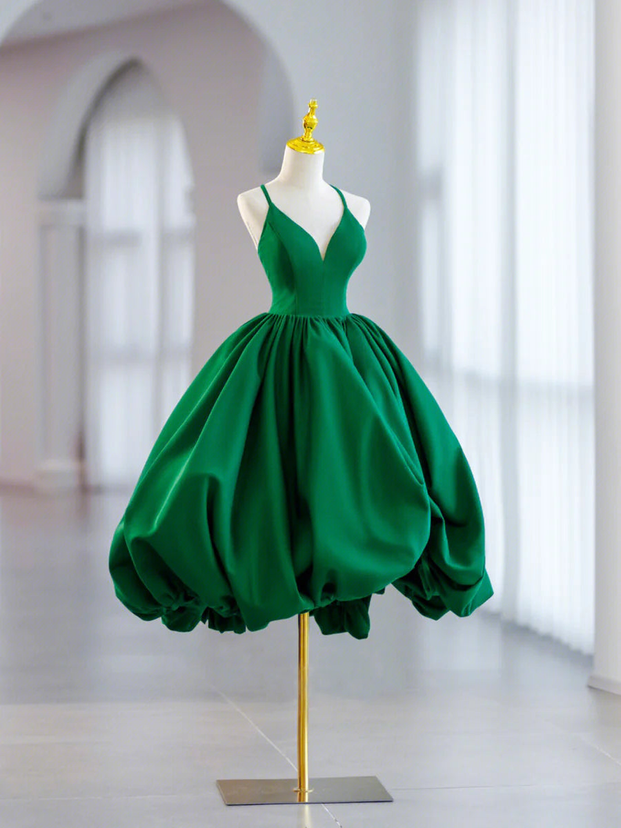 Green V-Neck Satin Short Prom Dress, A-Line Green Evening Dress nv1585