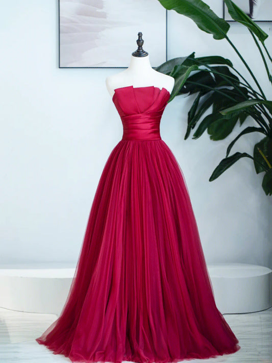 Burgundy Strapless Tulle Prom Dress, Burgundy Long Formal Dress nv1584