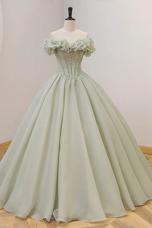 Green Ball Gown, A-Line Off the Shoulder Evening Gown with Beaded nv1589