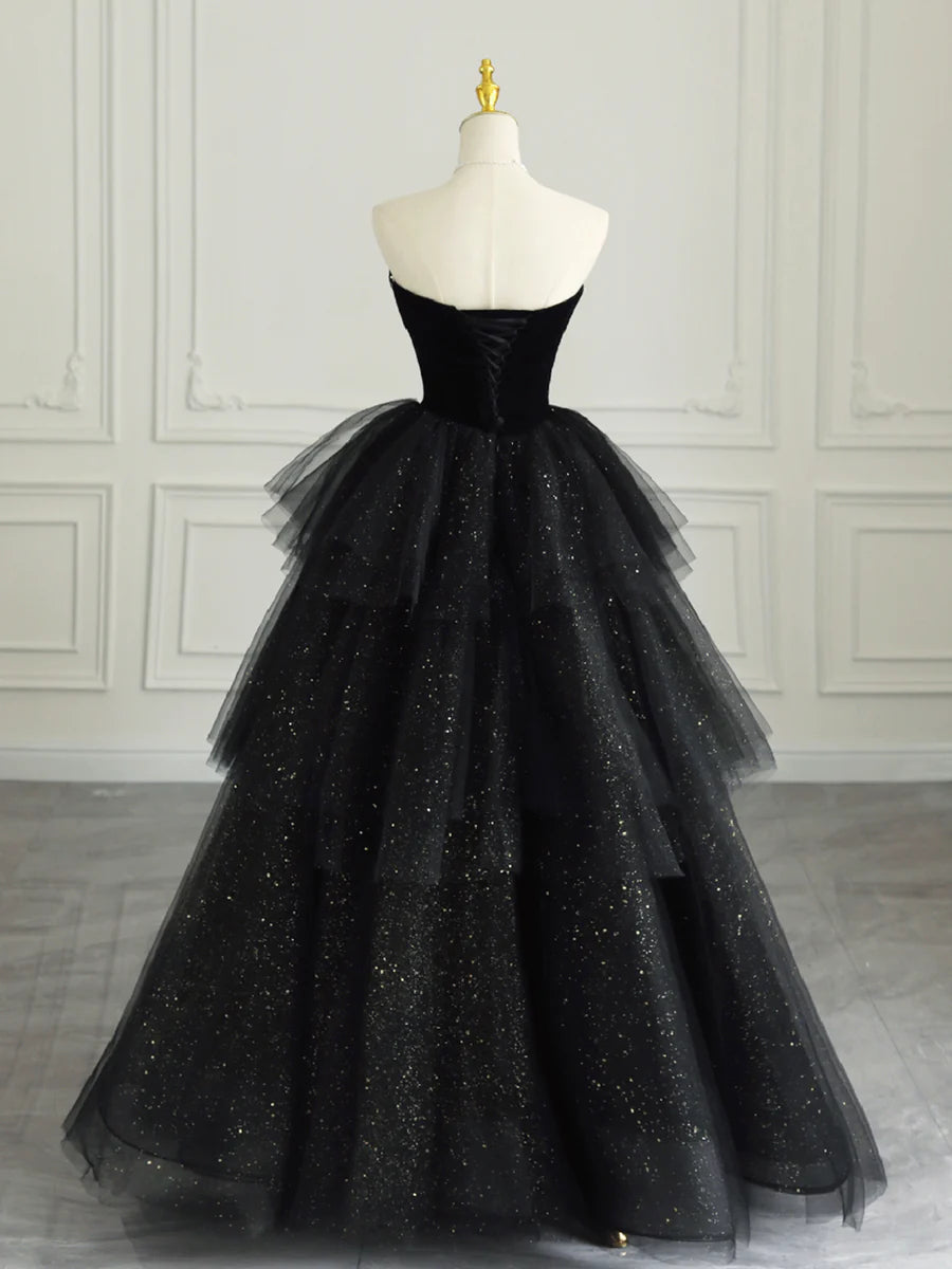 Black Strapless Tulle Formal Dress with Velvet, A-Line Sweetheart Neck Long Prom Dress nv1539
