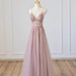 Pink V-Neck Tulle Long Prom Dress with Beaded, Pink Spaghetti Strap Evening Dress nv1435