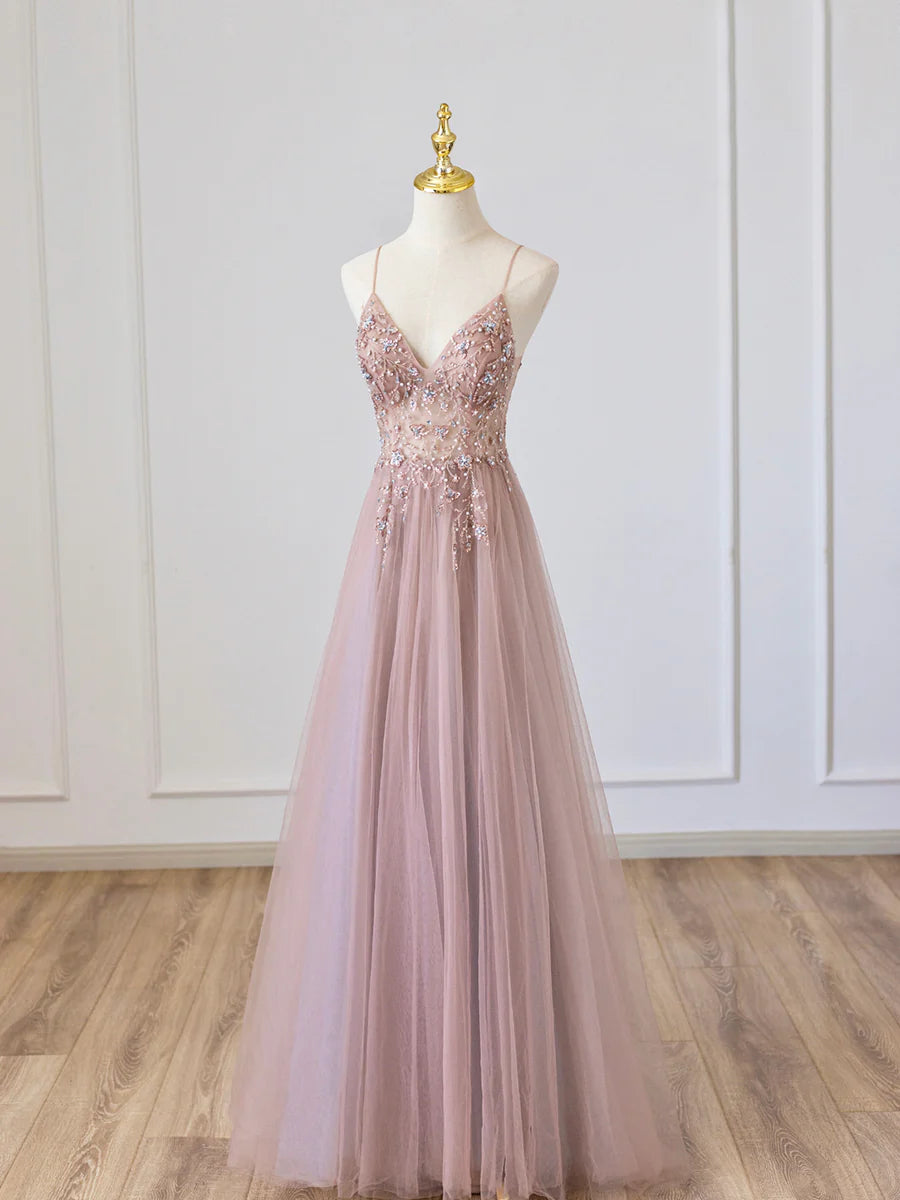 Robe de bal longue en tulle rose à col en V avec perles, robe de soirée rose à bretelles spaghetti nv1435