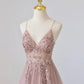 Pink V-Neck Tulle Long Prom Dress with Beaded, Pink Spaghetti Strap Evening Dress nv1435