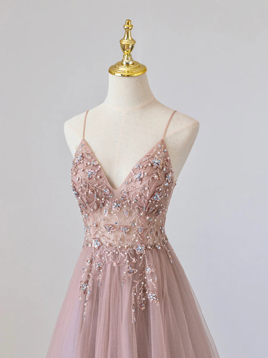 Robe de bal longue en tulle rose à col en V avec perles, robe de soirée rose à bretelles spaghetti nv1435