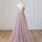 Robe de bal longue en tulle rose à col en V avec perles, robe de soirée rose à bretelles spaghetti nv1435