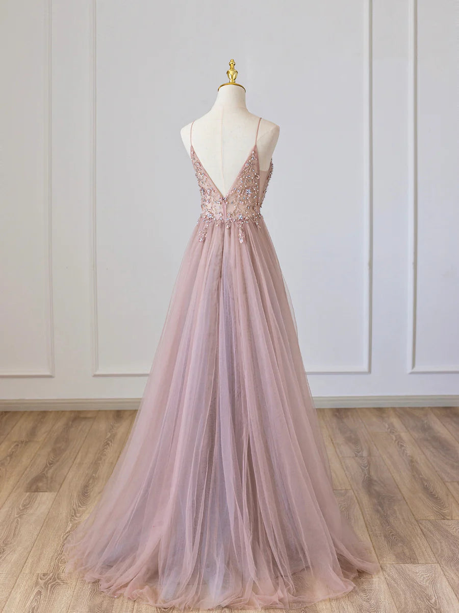 Robe de bal longue en tulle rose à col en V avec perles, robe de soirée rose à bretelles spaghetti nv1435