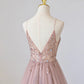 Pink V-Neck Tulle Long Prom Dress with Beaded, Pink Spaghetti Strap Evening Dress nv1435