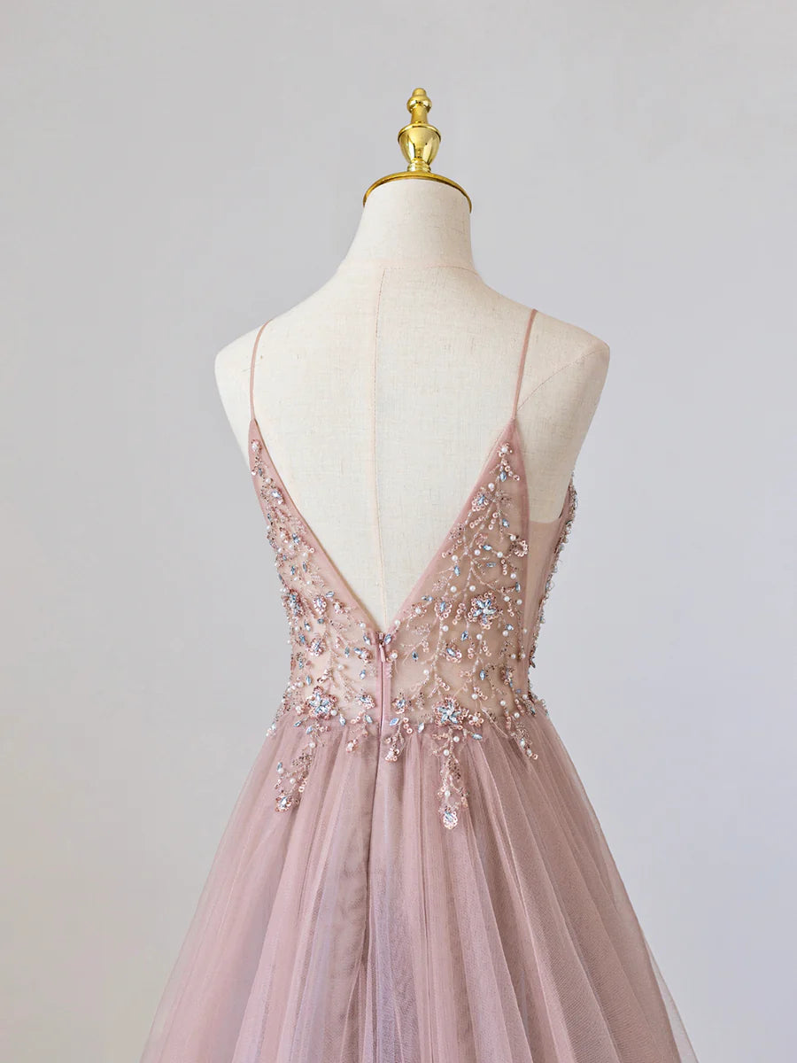 Robe de bal longue en tulle rose à col en V avec perles, robe de soirée rose à bretelles spaghetti nv1435