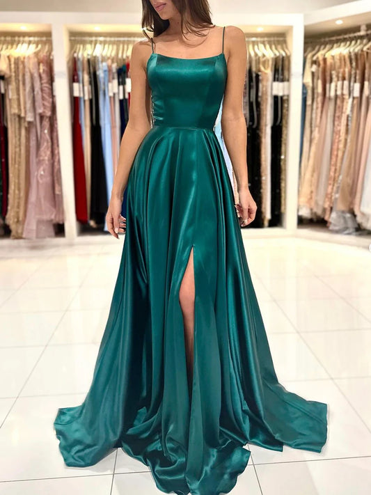 Simple Satin Long Prom Dress, A-Line Green Backless Evening Dress nv1441