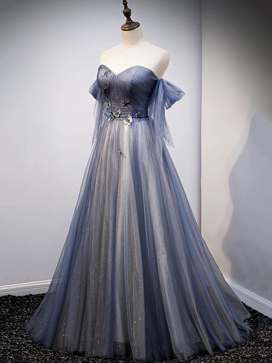 Robe de soirée en tulle bleu avec dentelle et décolleté en cœur, robe longue bleue de soirée nv1433