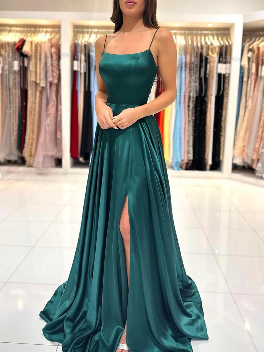 Simple Satin Long Prom Dress, A-Line Green Backless Evening Dress nv1441