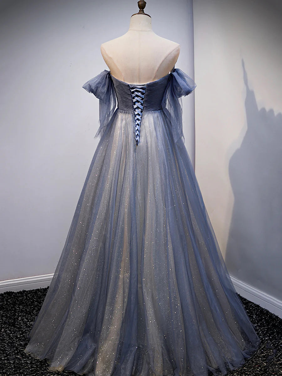 Robe de soirée en tulle bleu avec dentelle et décolleté en cœur, robe longue bleue de soirée nv1433