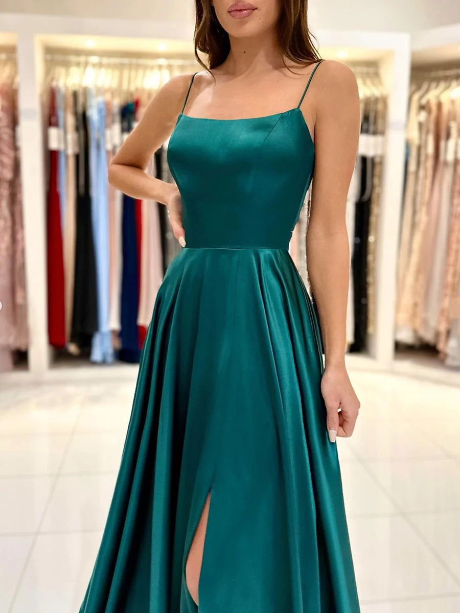 Simple Satin Long Prom Dress, A-Line Green Backless Evening Dress nv1441