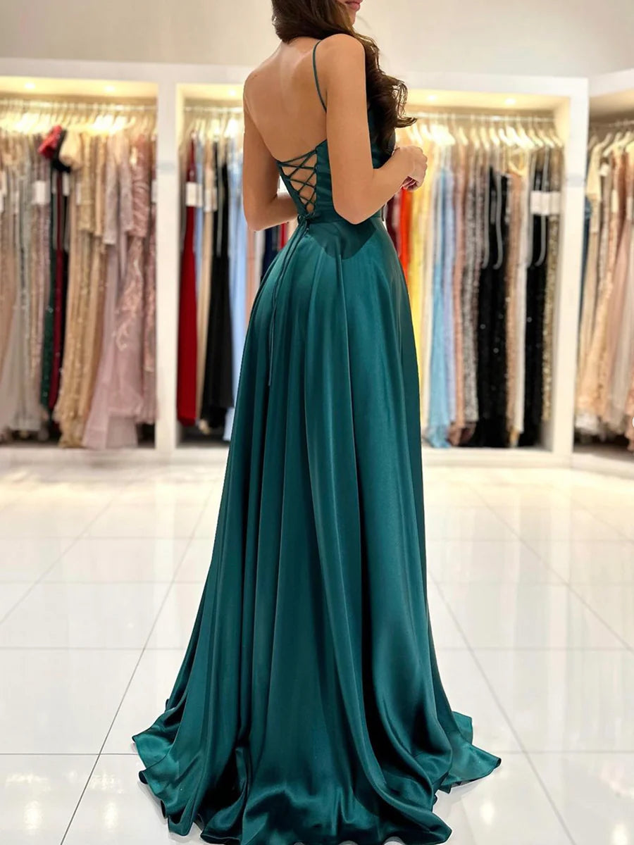 Simple Satin Long Prom Dress, A-Line Green Backless Evening Dress nv1441