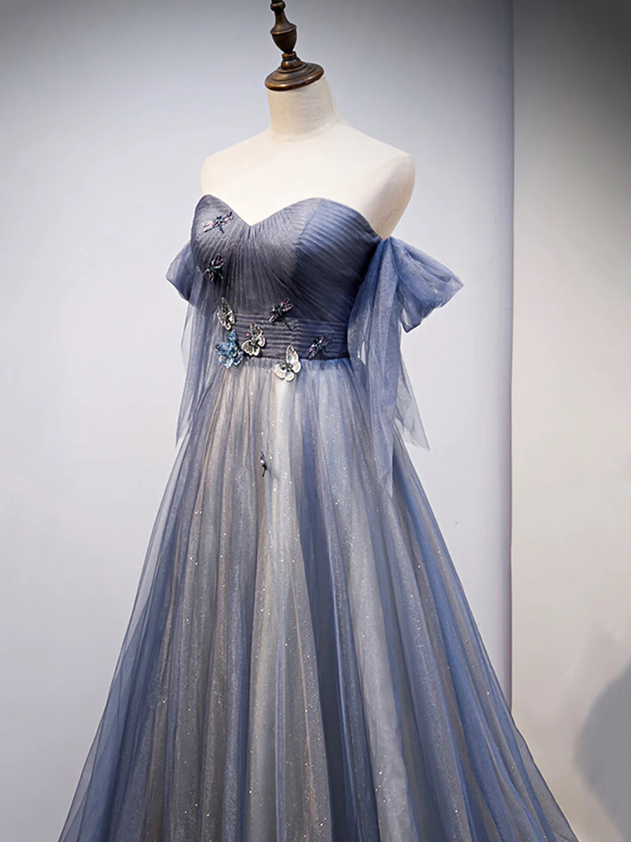 Robe de soirée en tulle bleu avec dentelle et décolleté en cœur, robe longue bleue de soirée nv1433