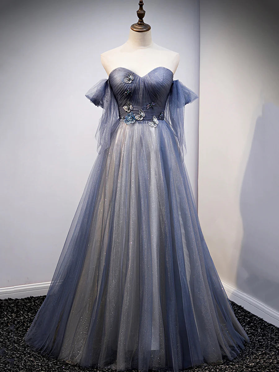 Robe de soirée en tulle bleu avec dentelle et décolleté en cœur, robe longue bleue de soirée nv1433