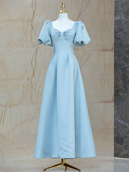 Blue Satin Pearl Long Prom Dress, A-Line Blue Evening Party Dress nv1581