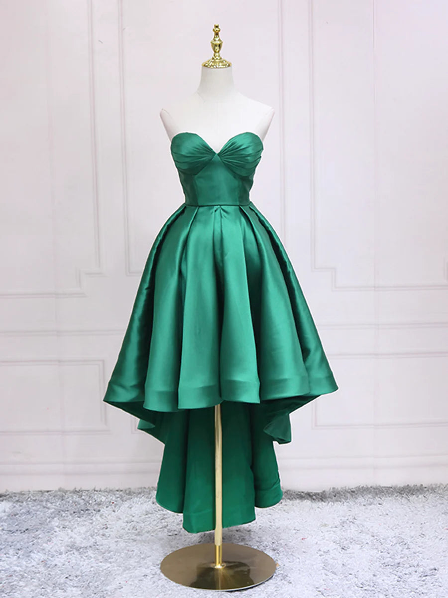 Robe de soirée haute et basse en satin vert, robe de soirée verte sans bretelles nv1638