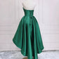 Robe de soirée haute et basse en satin vert, robe de soirée verte sans bretelles nv1638