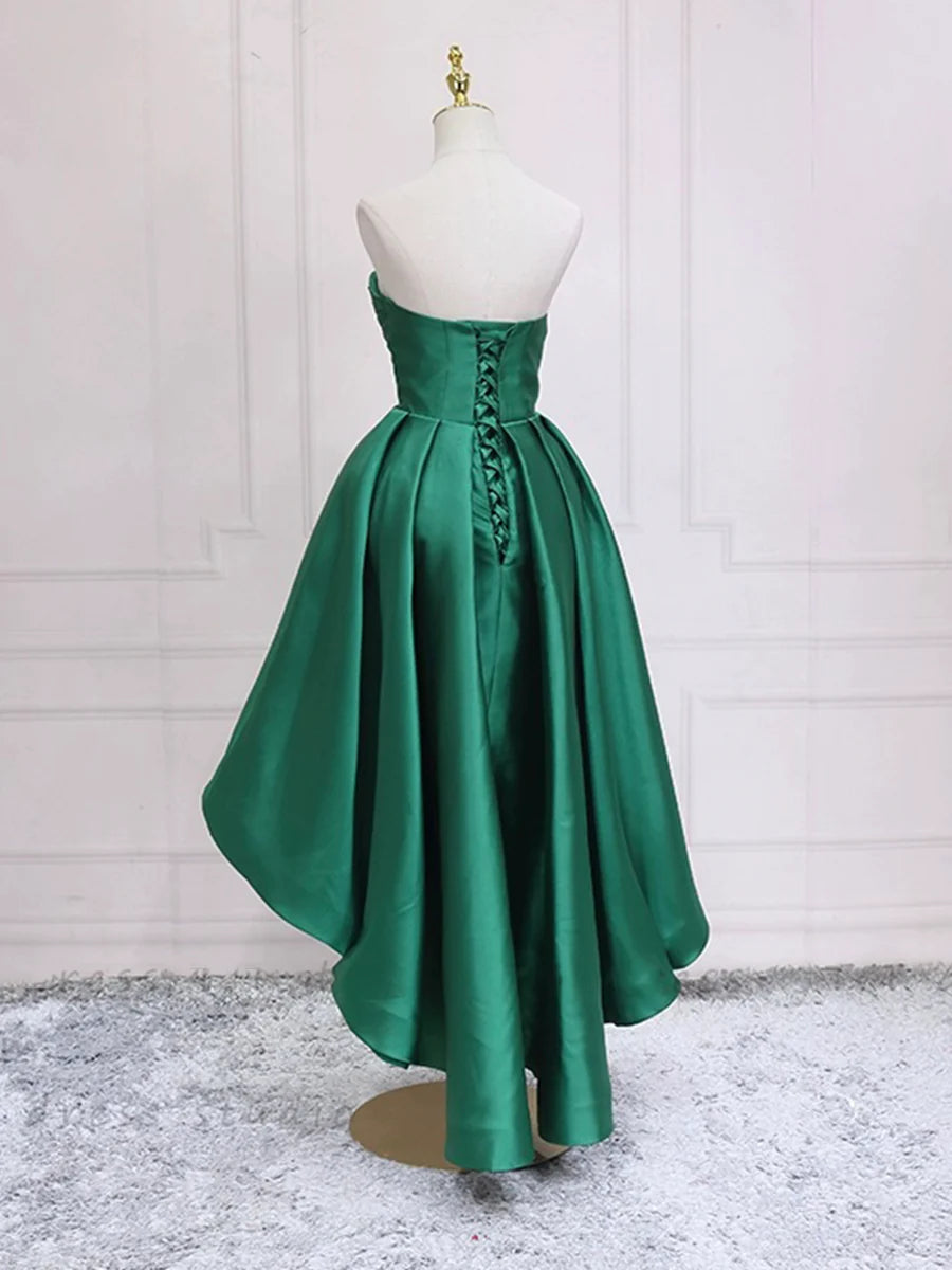 Robe de soirée haute et basse en satin vert, robe de soirée verte sans bretelles nv1638