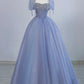 Blue Tulle Beaded Floor Length Prom Dress, A-Line Short Sleeve Evening Party Dress nv1416