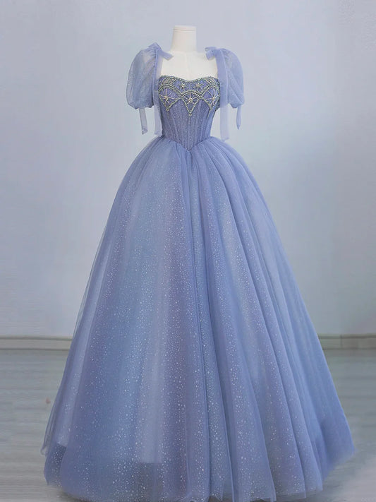 Blue Tulle Beaded Floor Length Prom Dress, A-Line Short Sleeve Evening Party Dress nv1416