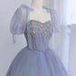 Blue Tulle Beaded Floor Length Prom Dress, A-Line Short Sleeve Evening Party Dress nv1416