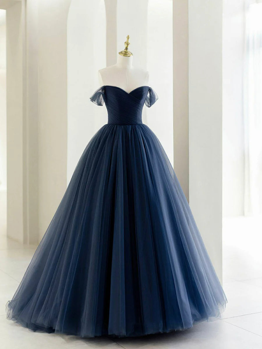 Off the Shoulder Tulle Long Prom Dress, A-Line Blue Formal Evening Dress nv1542