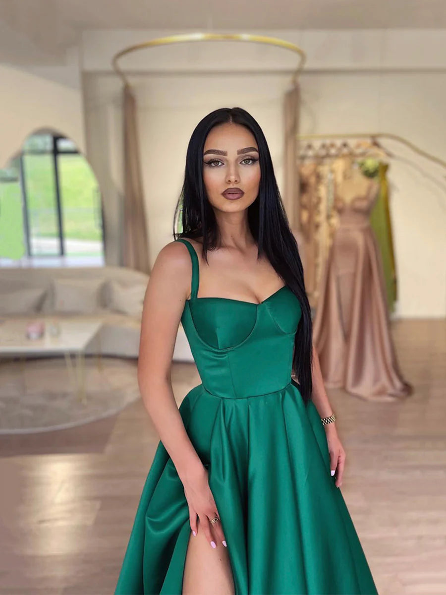 Simple Satin Long Prom Dress, A-Line Green Backless Evening Dress nv1441